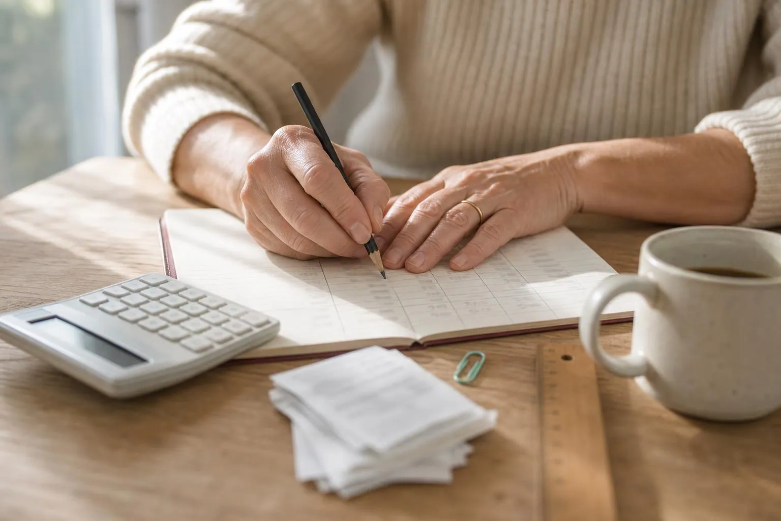 Mains d’une femme d’une cinquantaine d’années remplissant au crayon un tableau à colonnes sur un carnet, à côté d’une calculatrice et de reçus