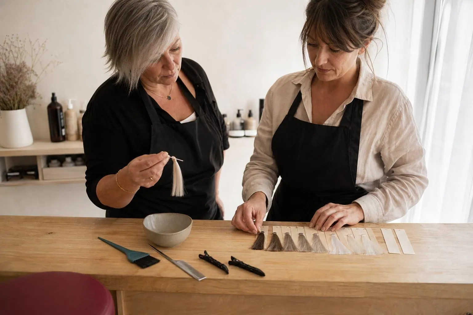 Deux coiffeuses comparant des mèches témoins blanches et grises étalées sur un plan de travail clair, dans un salon éclairé par une vitrine
