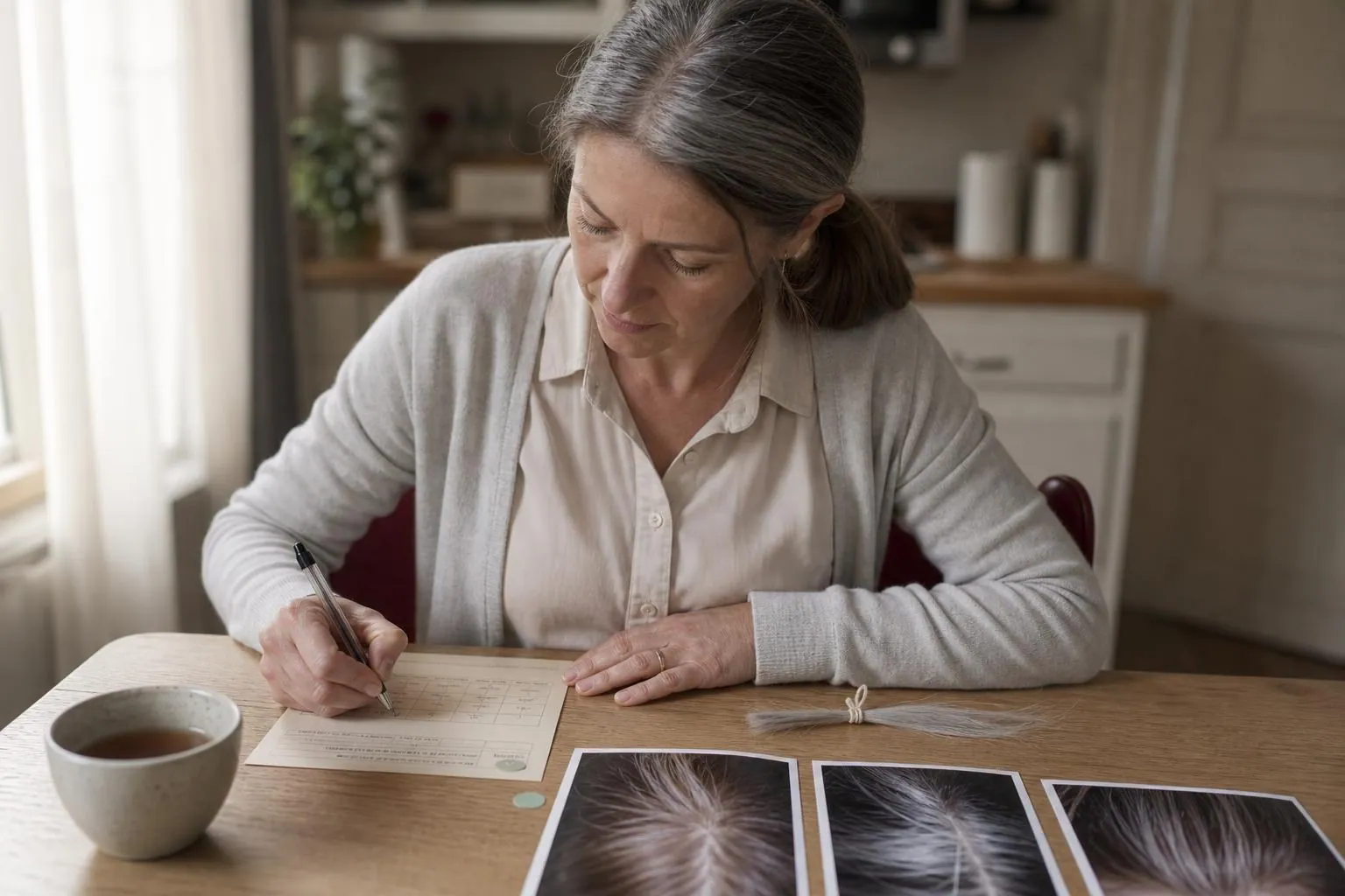 Femme d’une cinquantaine d’années assise à une table de cuisine, remplissant au stylo une fiche cartonnée posée à côté de tirages photo de ses cheveux